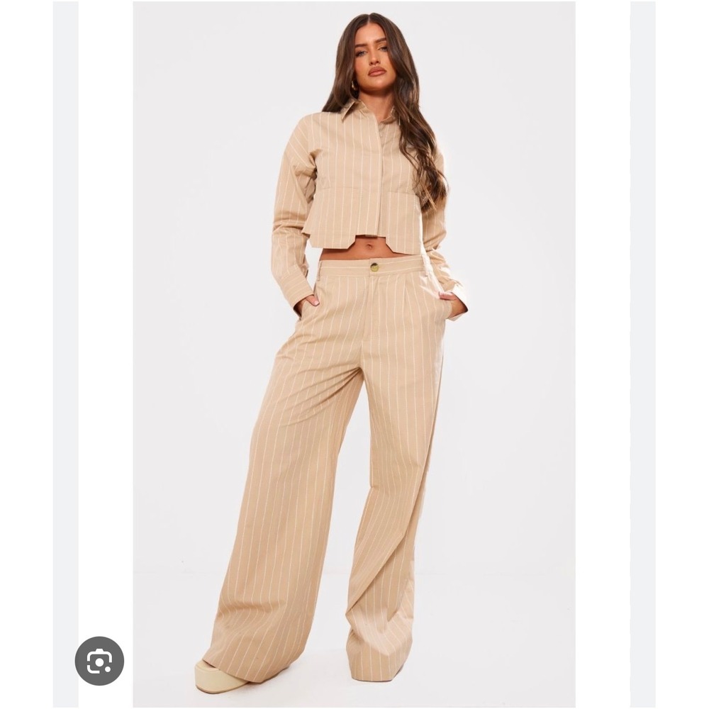 PLT‎ Stone Poplin pinstripe wide leg pant trouser US 2 NWT brown tan